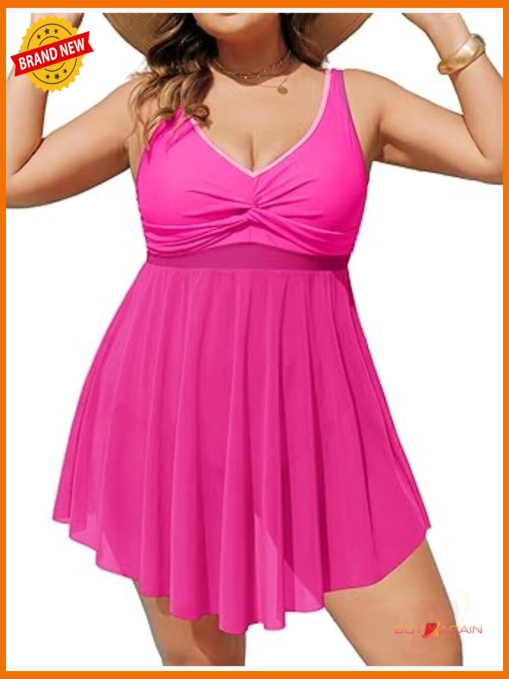 Plus Size One Piece Swim Dress Tummy Control V Neck Mesh Skirt Bathing Suit